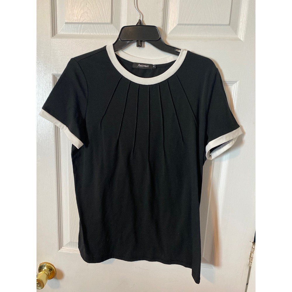 Automet Womens Black White Pleated Front Short Sleeve Blouse Top Size Large